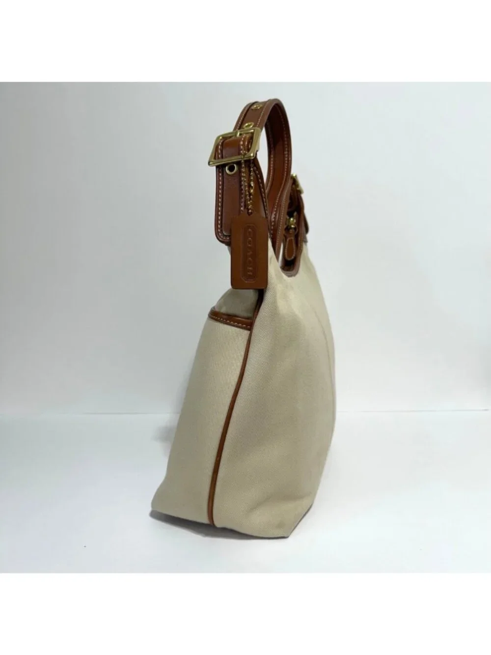 Vintage Y2K Coach Beige Canvas & Leather Shoulder Bag With Red Interior